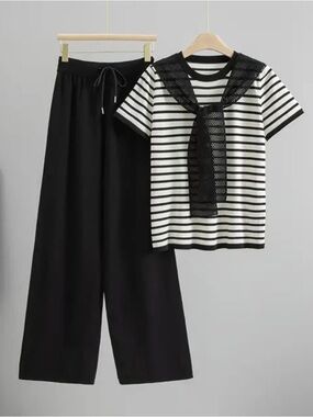 Black Wide-Leg Pants with Black & White Striped Tee Set